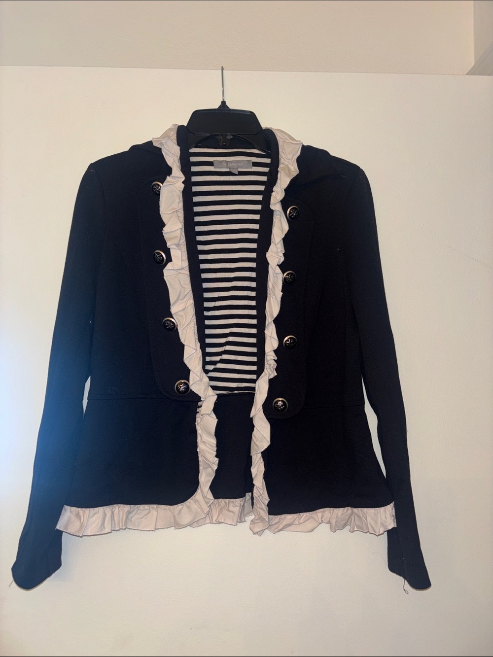 NY Collection Black Blazer with White Ruffle Trim